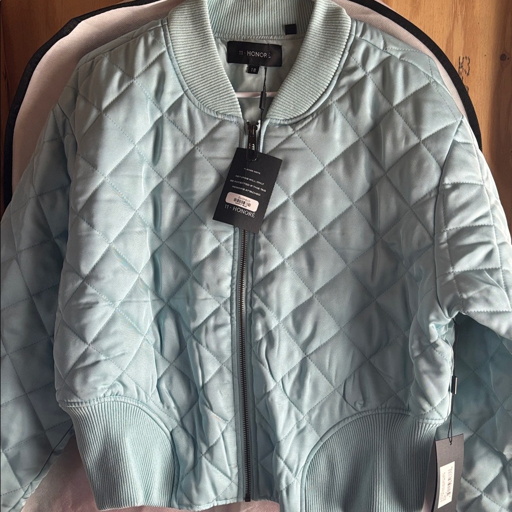 11 Honore Quilted Bomber Jacket in Light Blue